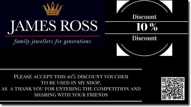 Banner announcing a giveaway. Against a black background with a gold crown logo and a QR code, the text reads: "Please accept this 10% discount voucher to be used in my shop, as a thank you for entering the competition and sharing with your friends."