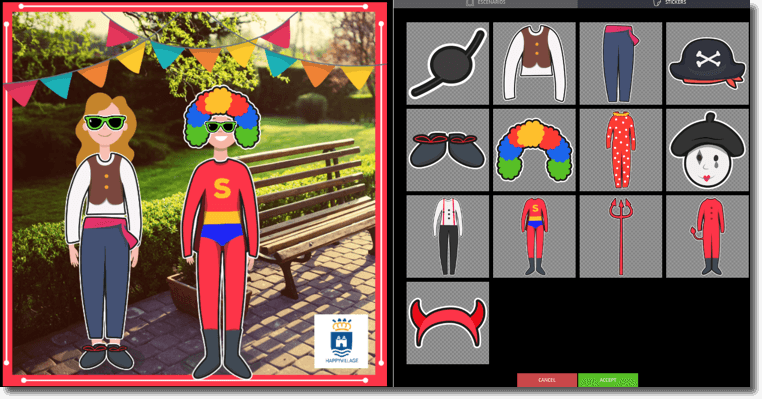 scenes app example of a dress up game. image of two characters being dressed and extra stickers 