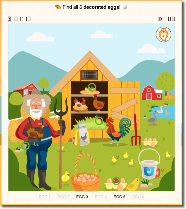 hidden objects game example from stanberg college. image of a farm with 6 decorated eggs hidden