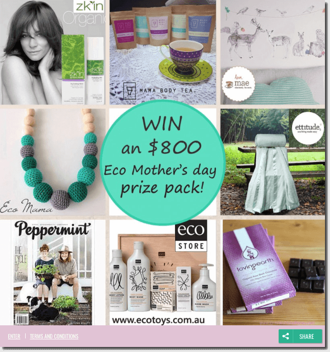 Banner announcing a World Health Day quiz and giveaway. The image shows a collage of the products on offer. In the centre, a round green button reads: "Win an $800 Eco Mother's Day prize pack!"