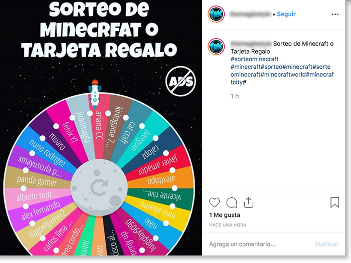 Fake Instagram giveaway. The image shows a static roulette wheel. The caption doesn't offer any giveaway rules or terms and conditions.