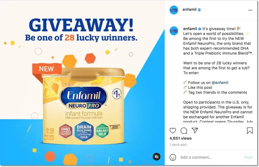 Example of an Instagram giveaway organized by Enfamil