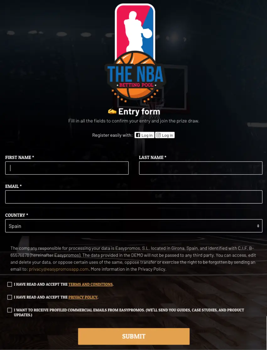 Screenshot of an NBA predictions contest entry form. Users are asked for their full name, email, and country.