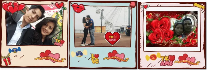 3 images from a virtual photobooth created by a chocolate brand. Each photo is of a young couple, decorated with heart-shaped stickers and the brand logo.