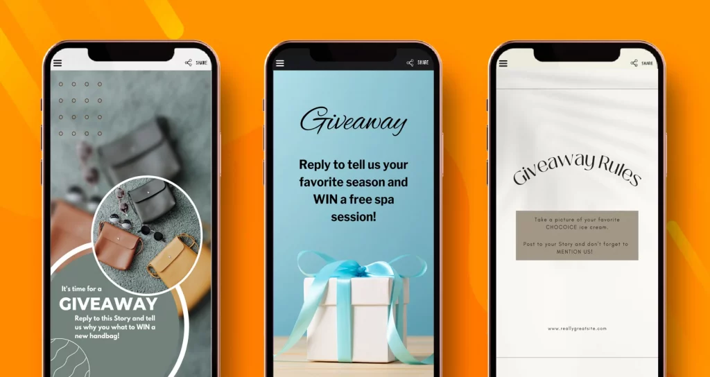 Three examples of Instagram Story giveaways