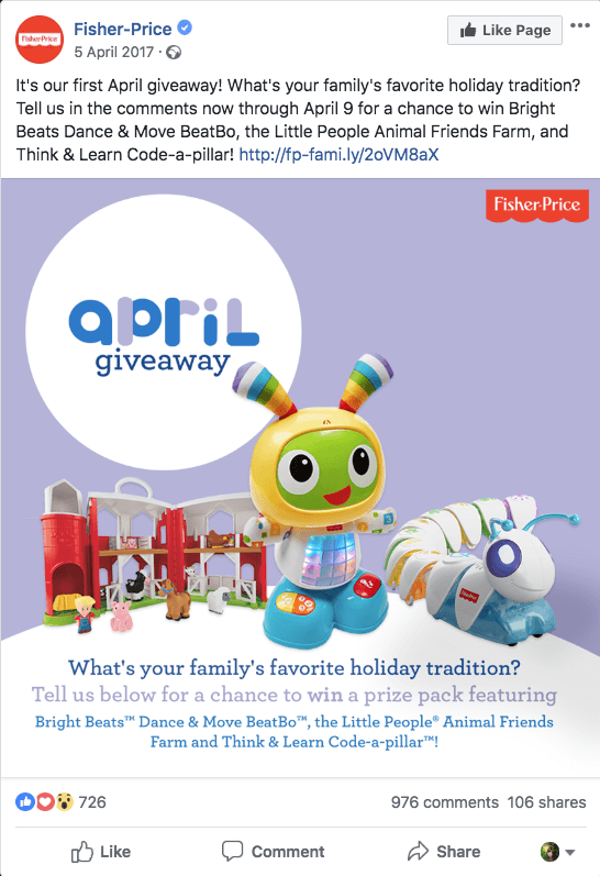 Facebook giveaway to promote toys on social media. The image shows a collection of Fisher-Price toys, with the overlay text "April giveaway. What's your family's favorite holiday tradition? Tell us below for a chance to win a prize pack." The caption explains the prizes and links to the contest terms and conditions.
