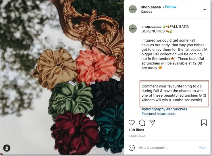 fall giveaway idea on instagram to boost engagement. scrunchie giveaway
