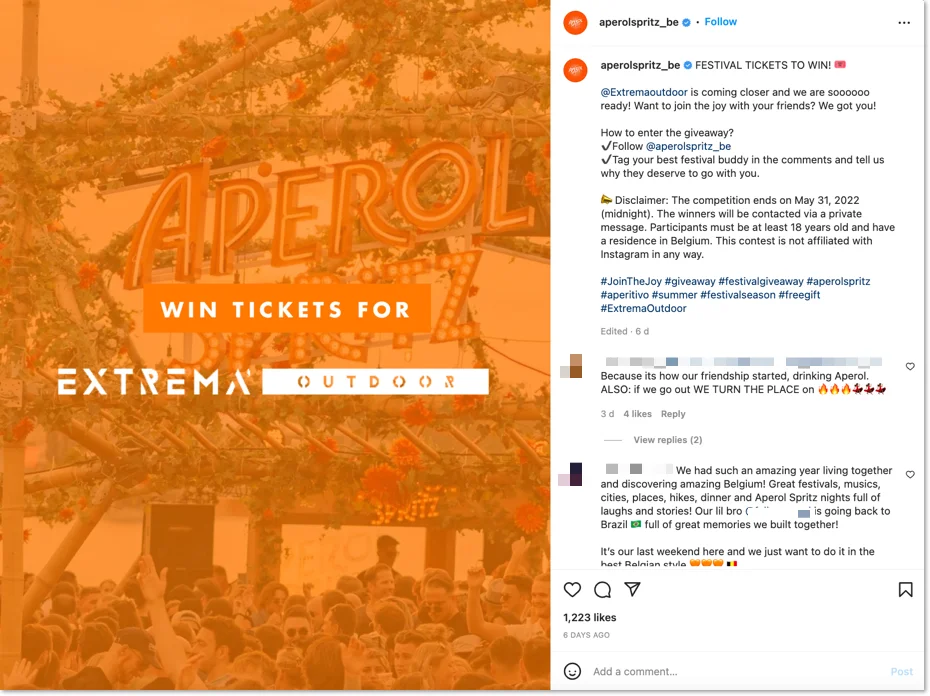 festival tickets giveaway organized by Aperol Spritz on Instagram