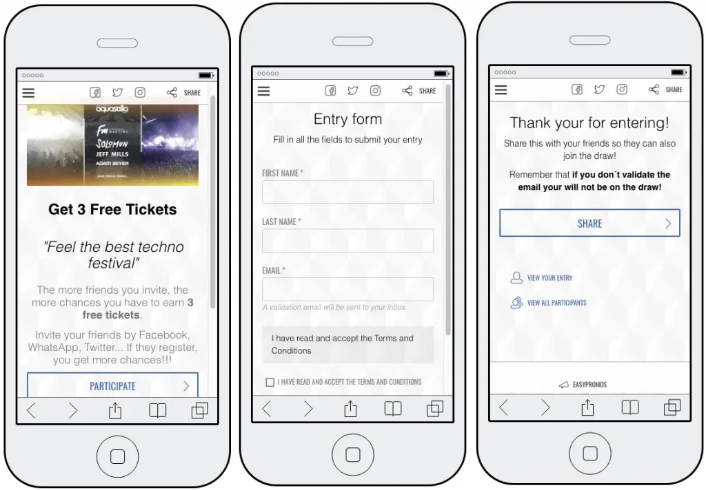 Example of a festival promotion to collect contact details. 3 mobile screenshots show the homepage of the contest, advertizing 3 free tickets; the entry form, asking for full name and email address; and a thank you page which reminds users to validate their email address to confirm consent.