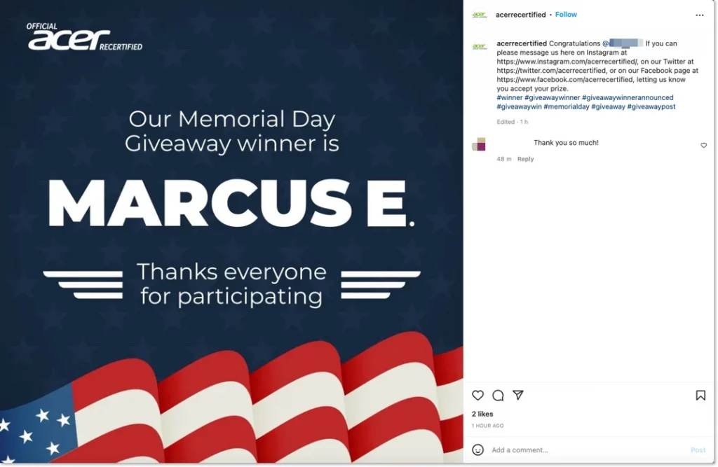 Instagram giveaway winner from Acer