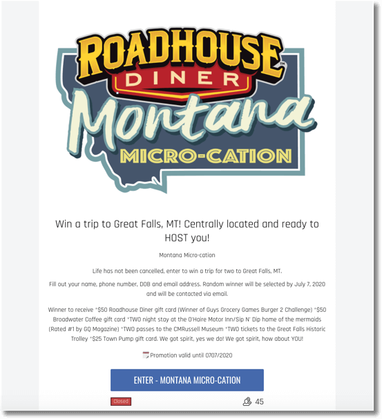 roadhouse diner montana best prizes inbound marketing contests