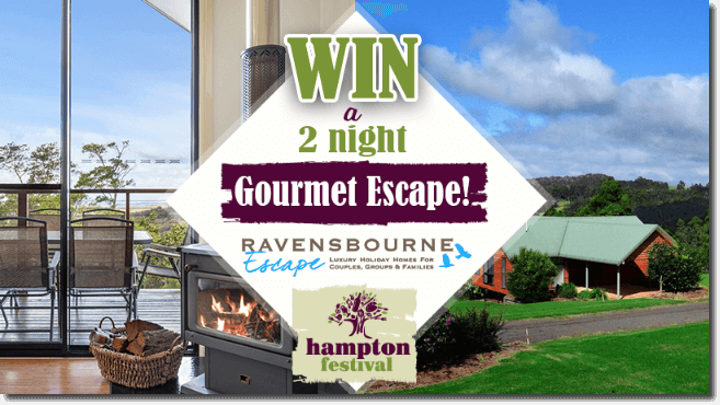 Image shows a balcony overlooking the sea with a cosy wood fire, and a view of a hotel set in grassy fields. The text reads: Win a 2 night gourmet escape! Ravensbourne Escape, Hampton Festival.