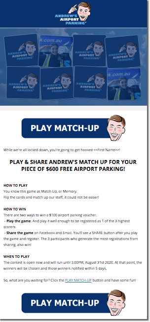 Andrew's airport parking. Screenshot of the newsletter promoting the branded Memory game