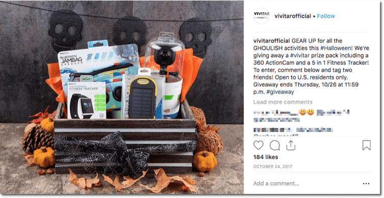 Halloween giveaway ideas: Example of a Halloween giveaway on social media: this INstagram post shows a prize pack of sports equipment decorated with Halloween colors and symbols.