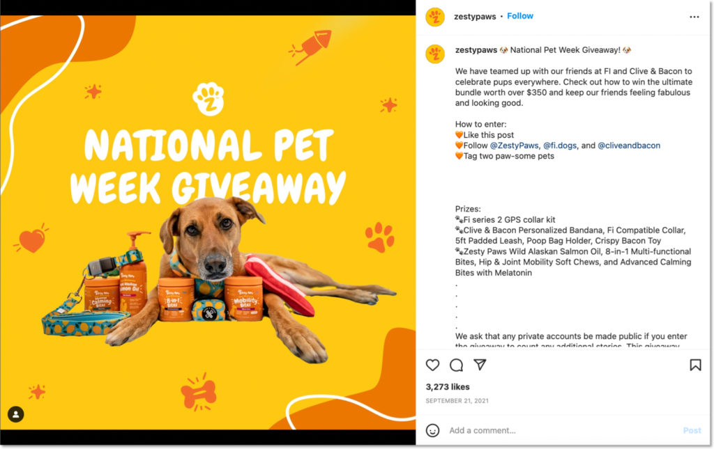national pet week giveaway example from Zesty Paws. Idea for World Animal Day giveaway