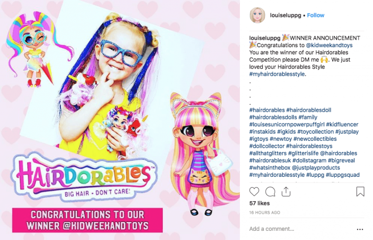 nstagram giveaway to promote toys on social media. The image shows a user's photo, dressed up as a Hairdorable toy. The photo is decorated with Hairdorables stickesr and logo. The overlay text reads, "Congratulations to our winner".