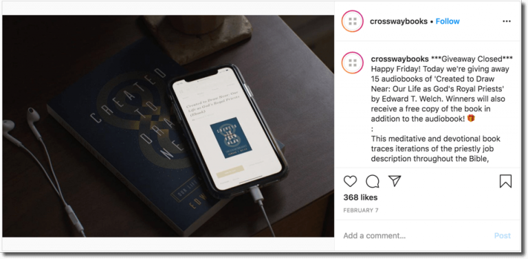 Sweepstakes on Instagram organized by Crossway Books
