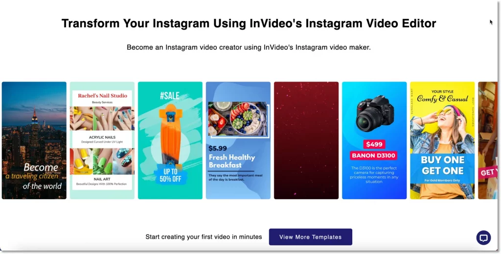 invideo's website with instagram video templates.