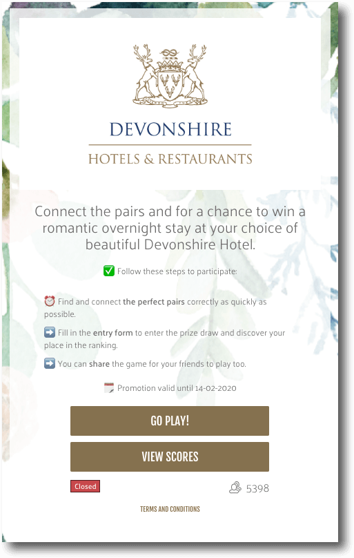 Branded Match It game by Devonshire Hotels & Restaurants for their Valentine's Day campaign