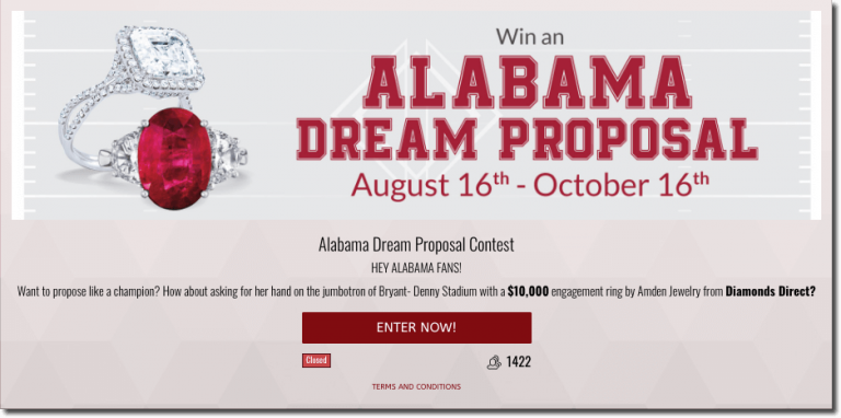 Banner announcing a jewelry promotion. The image shows two rings with white and red gemstones. The text reads: "Win an Alabama dream proposal, August 16th-October 16th."