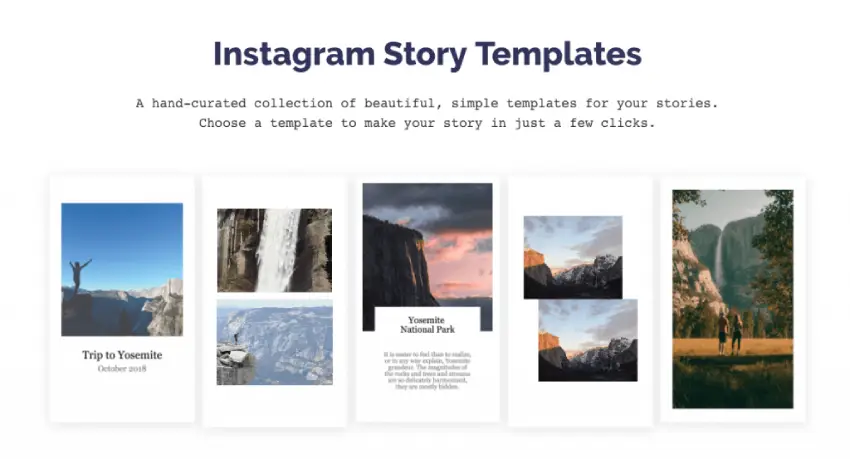 Screenshot from Kapwing.com. The title text reads, "Instagram Story Templates: a hand-curated collection of beautiful, simple templates for your stories. Choose a template to make your story in just a few clicks." Below, a range of 5 different story layouts are displayed.