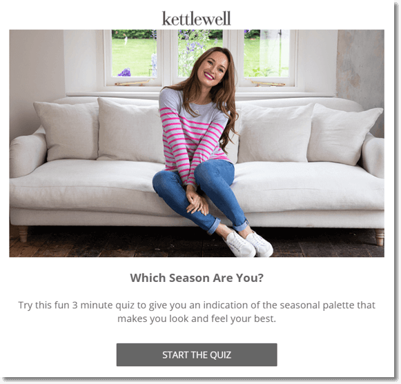 Screenshot of a quiz by Kettlewell Colours. Users answer the quiz to find out which season suits their style - giving the brand more data in the process.