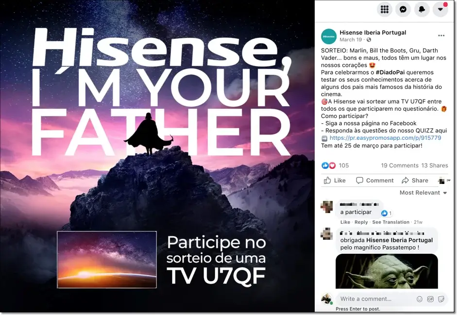 knowledge quiz shared on facebook by Hisense Iberia Portugal