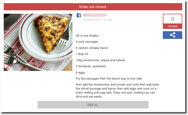 Example of a Lunar Light online recipe contest entry. The image shows a slice of frittatta on a red and white plate. The caption explains the recipe in detail.