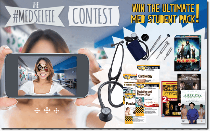 Banner announcing a World Health Day selfie contest for medical students. The image shows some of the prizes on offer, such as a stethoscope, DVD boxsets, and medical journals. The overlay text reads: "The MedSelfie contest. Win the ultimate med student pack!"