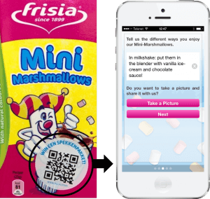 Experiential retail promotion with QR codes on products to share online