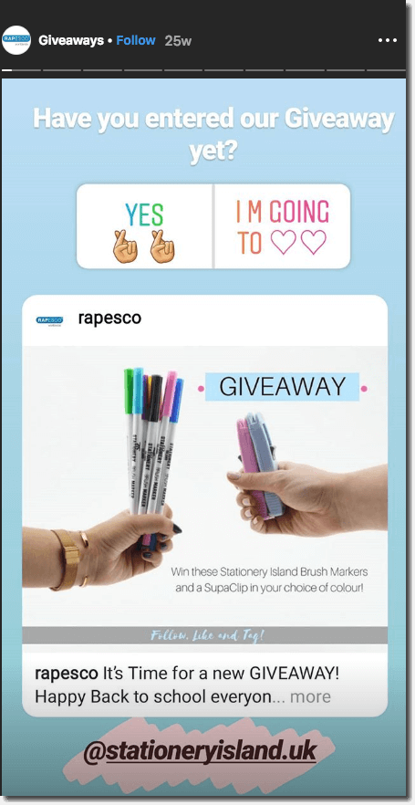 Screenshot of an Instagram Story with question poll and post link.