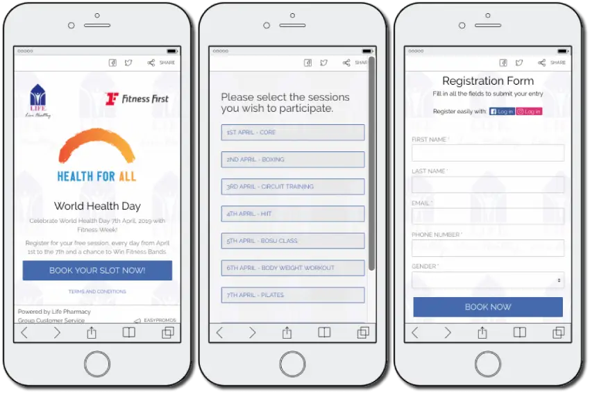World Health Day campaign ideas: free fitness sessions. The image shows 3 mobile screenshots. The first screenshot announces the giveaway. The second invites users to select their preferred session. The third screen is the registration form, where users share their name, email, phone number, and gender.