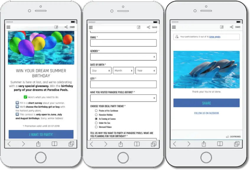 3 screenshots from a survey to collect leads. 1: a description of the prize, a summer birthday pool party. 2:  a form asking for information such as email, age, gender, and party theme. 3: a screen which thanks the user and invites them to share the promotion online.