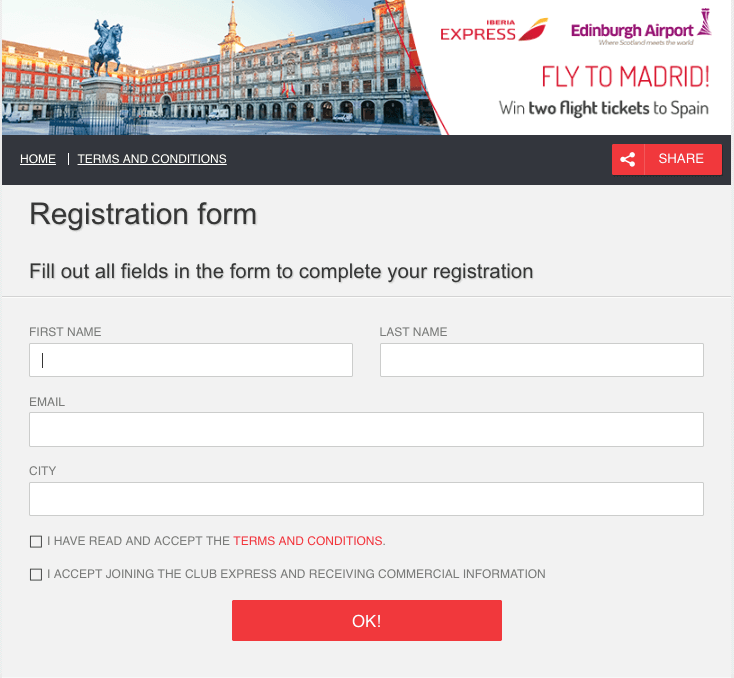Screenshot of a competition registration form. The top banner of the page shows a city square in Madrid, alongside the logos of Iberia Express and Edinburgh Airport. The text reads: FLY TO MADRID! Win two flight tickets to Spain. The form asks for full name, email address, city, and email consent.