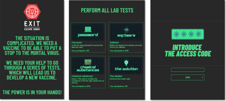 Three screenshots from the Scientific Escape Room, showing the welcome screen, a sample of the puzzles involved (such as breaking a password), and a screen where users are invited to guess the access code to the solution.