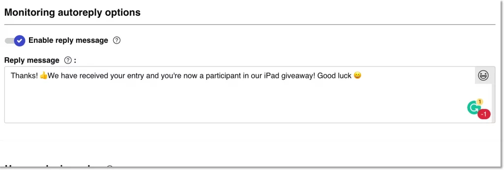 Screenshot of the Easypromos platform showing how to draft an auto-reply message sent to all Instagram Story giveaway participants