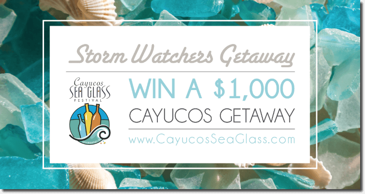 Banner announcing a jewelry promotion. Against a background of seaglass and shells, the text reads: "Storm Watchers Getaway. Win a $1000 Cayucos getaway."