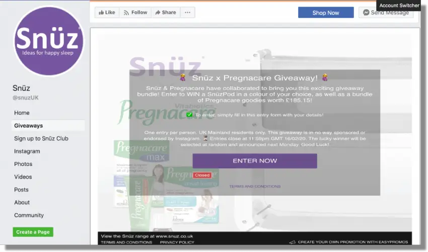 Generate leads on Facebook, example from Snuz UK