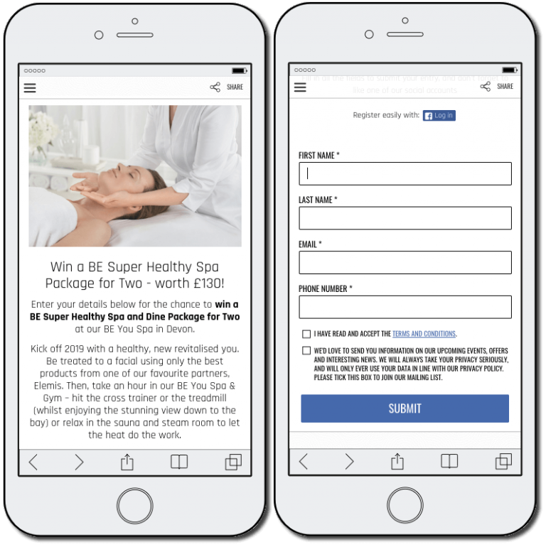 Another example of a World Health Day giveaway. The image shows 2 mobile screenshots. The first screenshot shows a photo of a woman receiving a head and neck massage. The text describes the prize and how to enter. The second screenshot shows the registration form, where users share their name, email, phone number, and consent to receive newsletters from the spa.