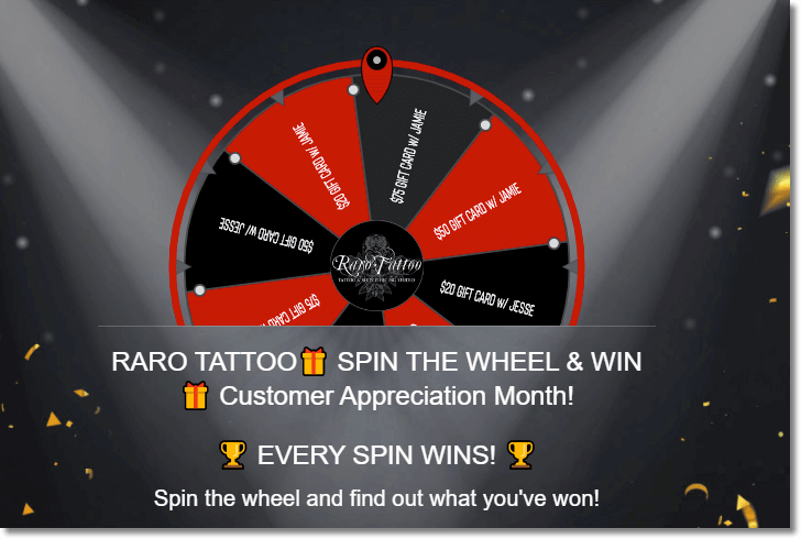 Screenshot of a spin-the-wheel promotion from Raro Tattoo. Users spin the virtual wheel to find out which virtual prize they have won.