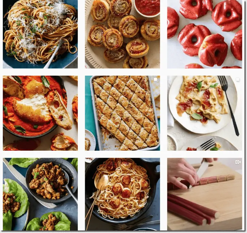 Screenshot of the Instagram grid of Spoon Fork Bacon. All the photos are in warm red and yellow tones (for example, tomato soup, or rhubarb). 