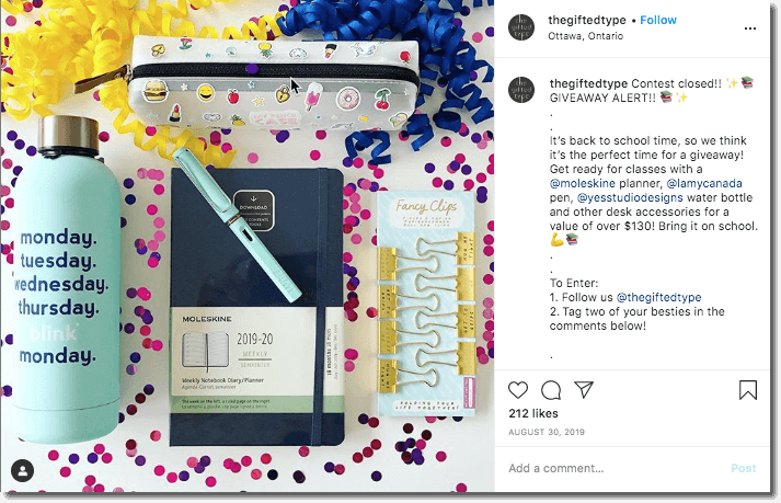 Example of anInstagram sweepstakes organized by a stationary shop.