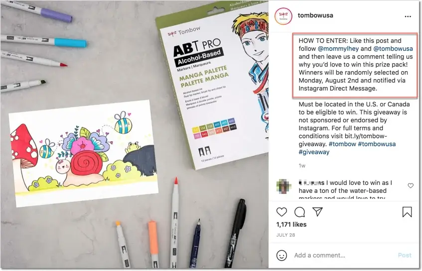 instagram giveaway example from Tombow USA, showing how to use comments as main entry requirements