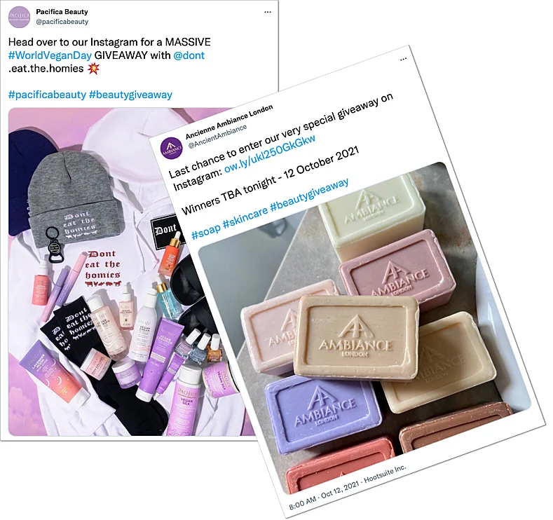 example of how to cross-promote beauty products on social media, screenshots from twitter