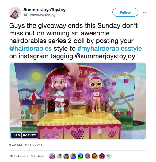 Mention + hashtag contest to promote toys on social media, including Instagram and Twitter. The image shows two Hairdorables toys.