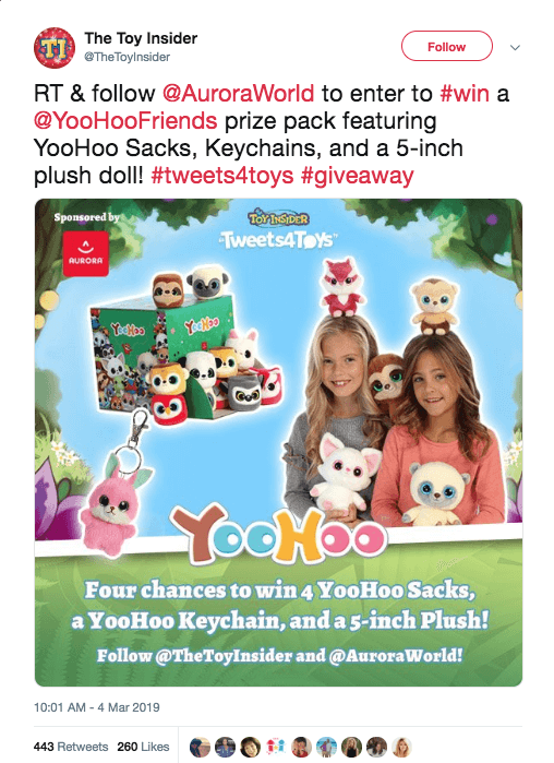 Twitter giveaway to promote toys and social media. The image shows the prize pack. The caption explains that users have to retweet and follow to win.