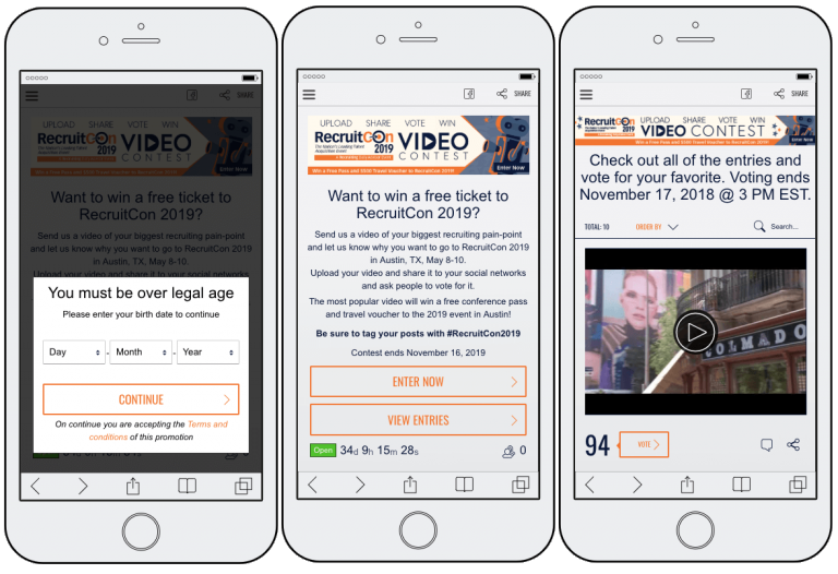 3 mobile screenshots of a video contest. The first screen asks participants to confirm their age. The second screen reads, "Want to win a free ticket to RecruitCon 2019? Send us a video of your biggest recruiting pain point..." The third screen shows competition entries. The banner text reads, "Check out all of the entries and vote for your favourite. Voting ends November 17, 2018 at 3 PM EST."