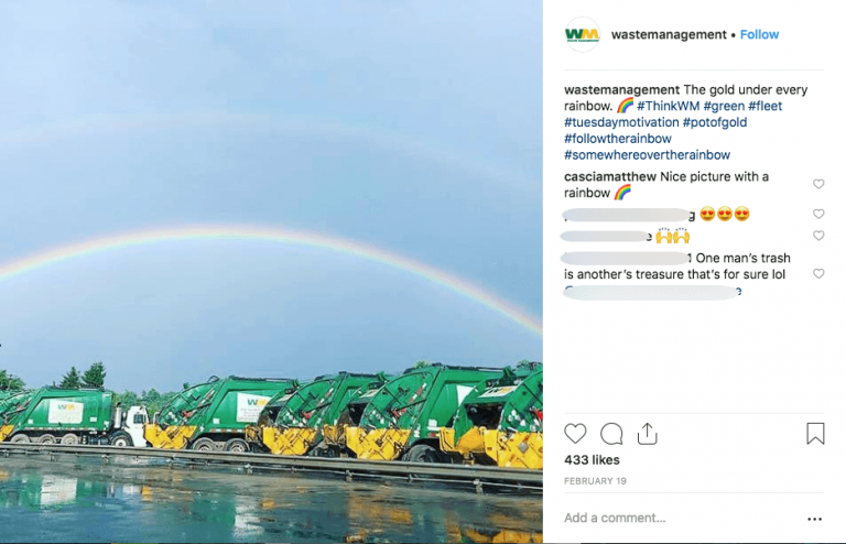 An Instagram post by Waste Management. The image shows a rainbow over 5 garbage trucks. The caption reads: "The gold under every rainbow". The post has 433 likes and several comments.