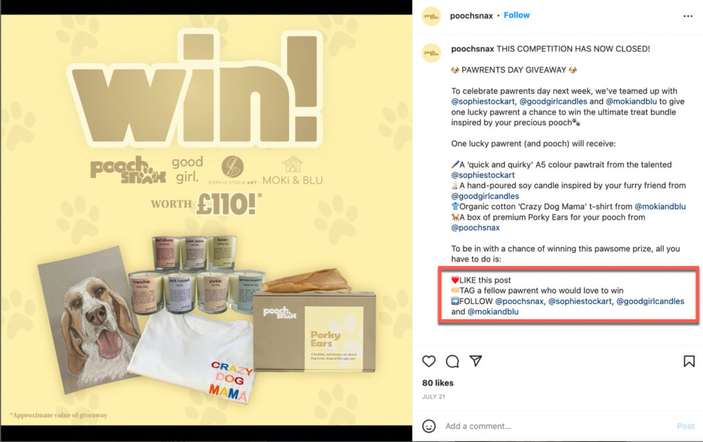 World Animal Day giveaway example on Instagram from Pooch Snax.