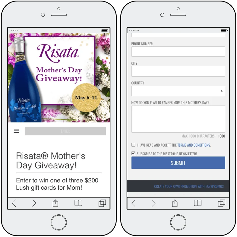 2 screenshots from a Mother's Day writing contest. 1: banner announcing the contest. The image shows flowers and a bottle of wine, and the text describes the prize. 2: competition entry form. Users are asked for their contact details and Mother's Day plans. They are invited to sign up for the brand newsletter.